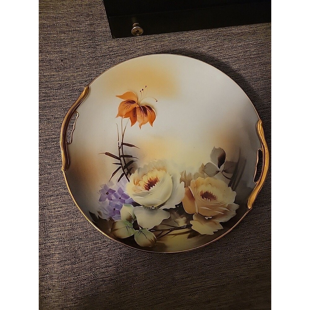 Vtg 9" 40's Noritake Hand Painted Floral Tray Plate W Handles Rose Peach Orange